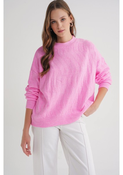 6947 Kadın Kendinden Desenli Oversize Triko Kazak Pembe modelleri