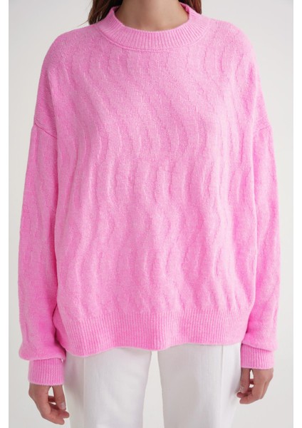 6947 Kadın Kendinden Desenli Oversize Triko Kazak Pembe indirimleri