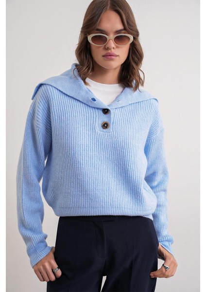 6900 Kadın Düğmeli Devrik Yaka Triko Kazak Bebe Mavi