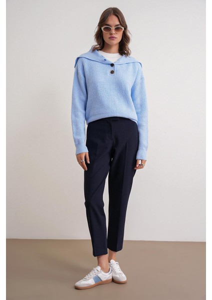 6900 Kadın Düğmeli Devrik Yaka Triko Kazak Bebe Mavi fiyatları