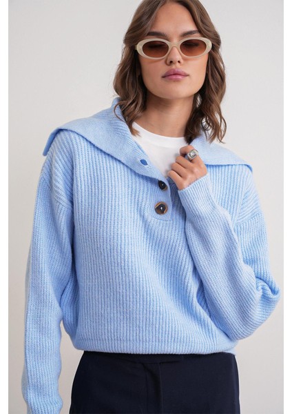 6900 Kadın Düğmeli Devrik Yaka Triko Kazak Bebe Mavi modelleri