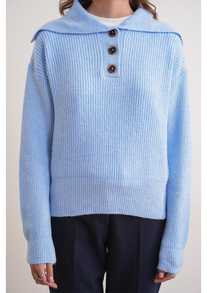 6900 Kadın Düğmeli Devrik Yaka Triko Kazak Bebe Mavi fırsatları