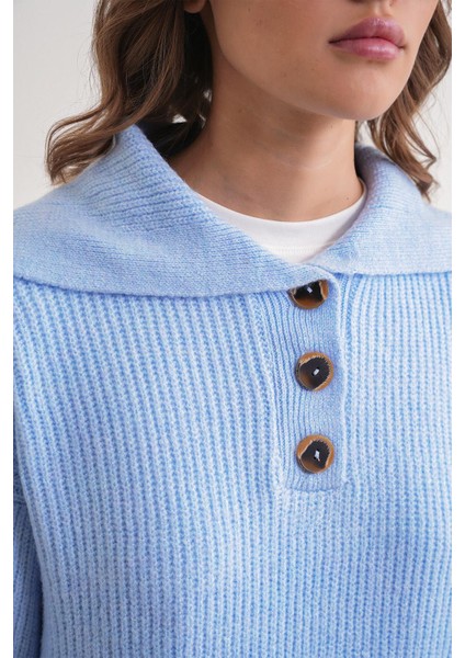 6900 Kadın Düğmeli Devrik Yaka Triko Kazak Bebe Mavi indirimleri