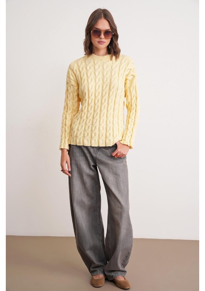 6973 Kadın Saç Örgülü Regular Basic Triko Kazak Pastel Sarısı fiyatları