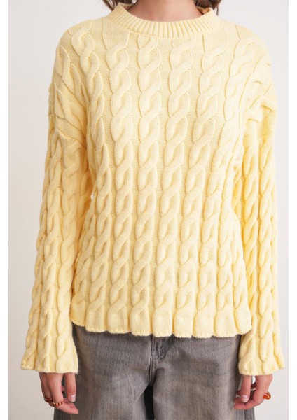 6973 Kadın Saç Örgülü Regular Basic Triko Kazak Pastel Sarısı indirimleri