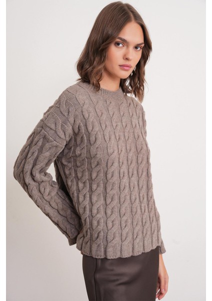 6973 Kadın Saç Örgülü Regular Basic Triko Kazak Toprak fırsatları