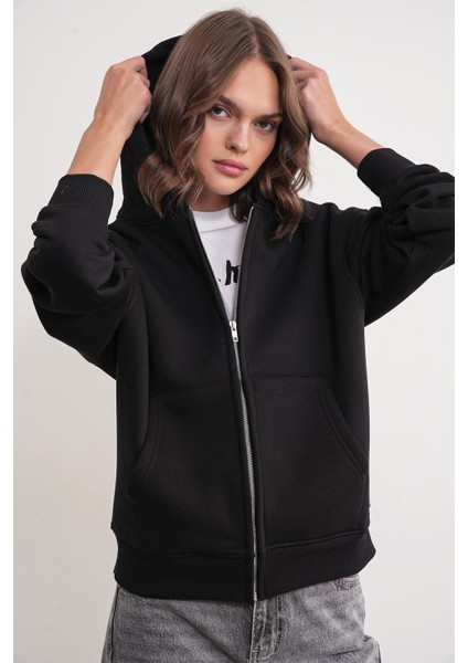 2023 Unisex 3iplik Basic Polarlı Fermuarlı Sweatshirt Hoodie Siyah