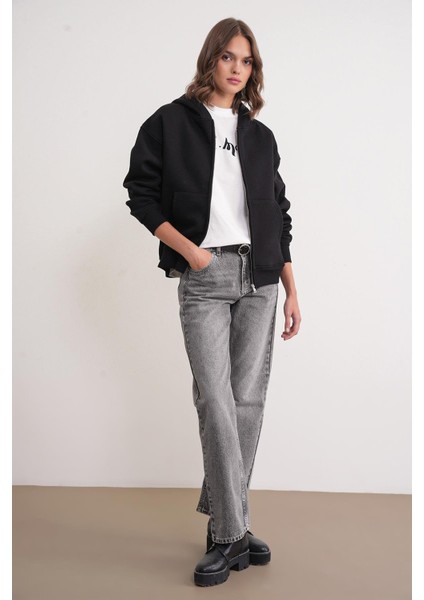 2023 Unisex 3iplik Basic Polarlı Fermuarlı Sweatshirt Hoodie Siyah fiyatları