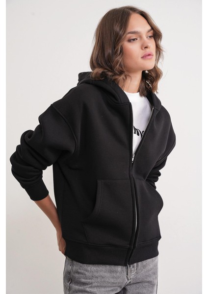 2023 Unisex 3iplik Basic Polarlı Fermuarlı Sweatshirt Hoodie Siyah modelleri