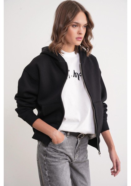 2023 Unisex 3iplik Basic Polarlı Fermuarlı Sweatshirt Hoodie Siyah fırsatları