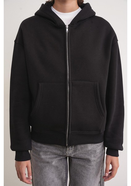 2023 Unisex 3iplik Basic Polarlı Fermuarlı Sweatshirt Hoodie Siyah indirimleri