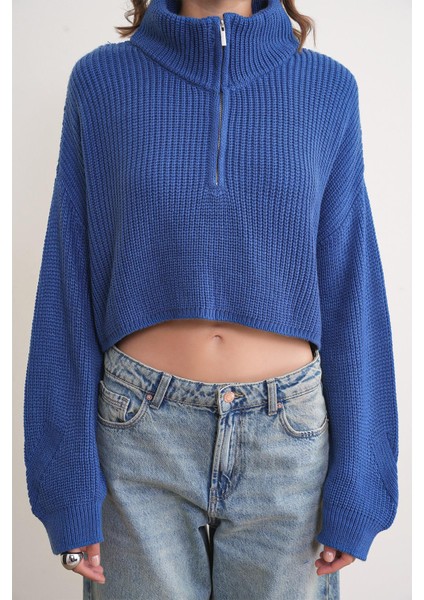 6752 Kadın Crop Fermuarlı Kazak Indigo indirimleri