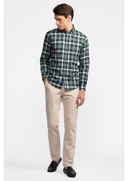 Erkek Yeşil Cooper Fit Düğmeli Yaka Organik Pamuklu Ekoseli Flannel Gömlek modelleri