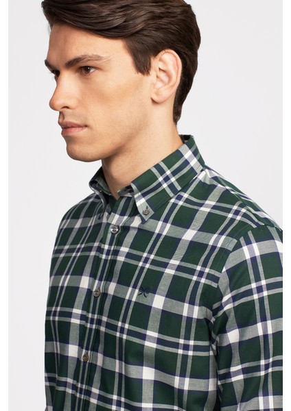 Erkek Yeşil Cooper Fit Düğmeli Yaka Organik Pamuklu Ekoseli Flannel Gömlek fırsatları