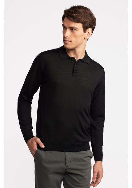 Erkek Siyah Yün Polo Yaka Kazak fırsatları