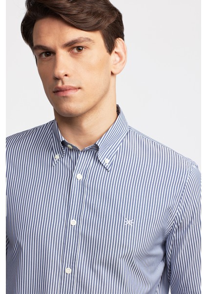 Erkek Lacivert Cooper Fit Düğmeli Yaka Çizgili Spor Gömlek fırsatları