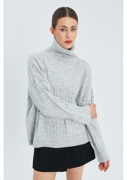 6928 Kadın Fitilli Balıkçı Yaka Triko Kazak Gri modelleri