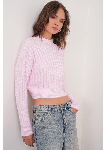 6893 Kadın Saç Örgülü Sakallı Crop Triko Kazak Pembe