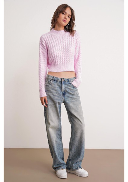 6893 Kadın Saç Örgülü Sakallı Crop Triko Kazak Pembe fiyatları