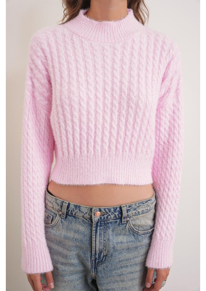 6893 Kadın Saç Örgülü Sakallı Crop Triko Kazak Pembe fırsatları