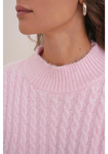 6893 Kadın Saç Örgülü Sakallı Crop Triko Kazak Pembe indirimleri