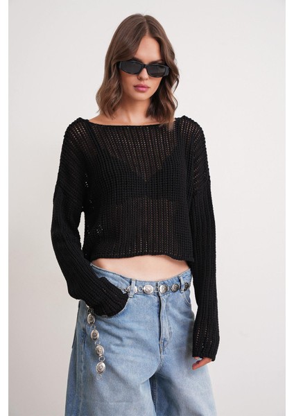 6864 Kadın Ajurlu File Mevsimlik Triko Kazak Siyah fiyatları