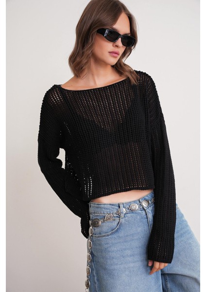 6864 Kadın Ajurlu File Mevsimlik Triko Kazak Siyah modelleri