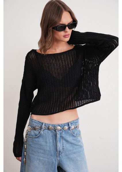 6864 Kadın Ajurlu File Mevsimlik Triko Kazak Siyah fırsatları