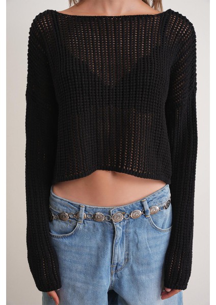 6864 Kadın Ajurlu File Mevsimlik Triko Kazak Siyah indirimleri