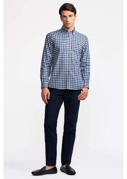 Erkek Mavi Cooper Fit Düğmeli Yaka Ekoseli Spor Gömlek modelleri