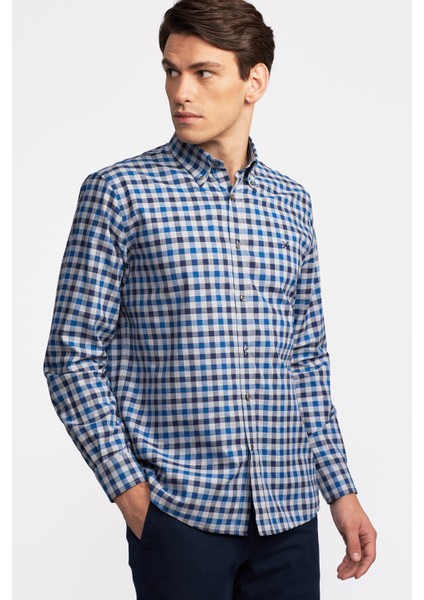 Erkek Mavi Cooper Fit Düğmeli Yaka Ekoseli Spor Gömlek fırsatları