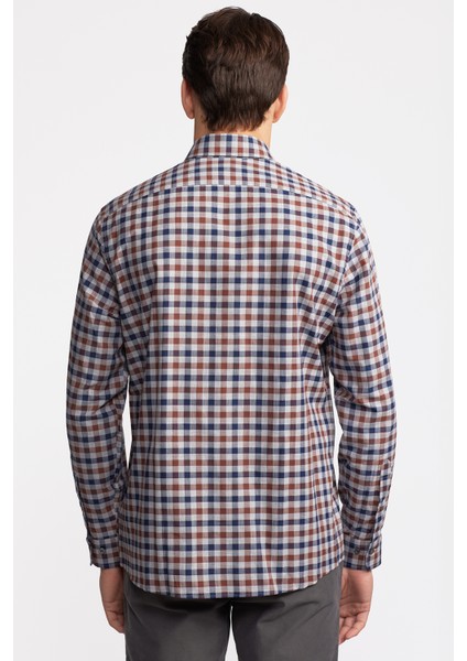 Erkek Kahverengi Cooper Fit Düğmeli Yaka Ekoseli Spor Gömlek indirimleri