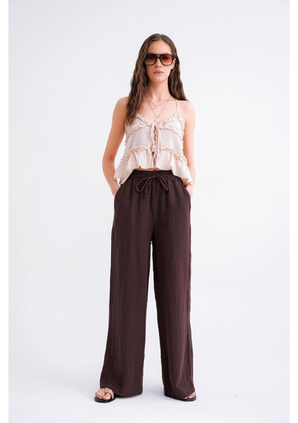 4286 Kadın Bol Paça Beli Lastikli Müslin Palazzo Pantolon Kahve modelleri