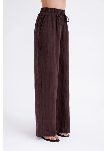 4286 Kadın Bol Paça Beli Lastikli Müslin Palazzo Pantolon Kahve indirimleri