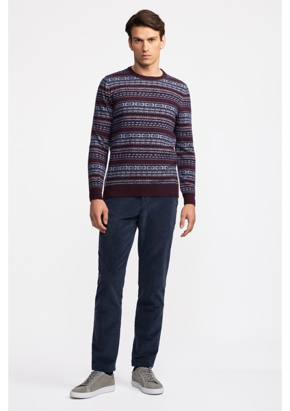 Erkek Bordo Bisiklet Yaka Desenli Lambswool Kazak modelleri