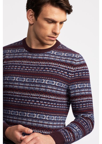 Erkek Bordo Bisiklet Yaka Desenli Lambswool Kazak fırsatları