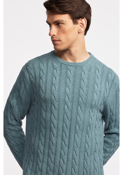 Erkek Turkuaz Yün Kaşmir Karışımlı Saç Örgülü Kazak fırsatları