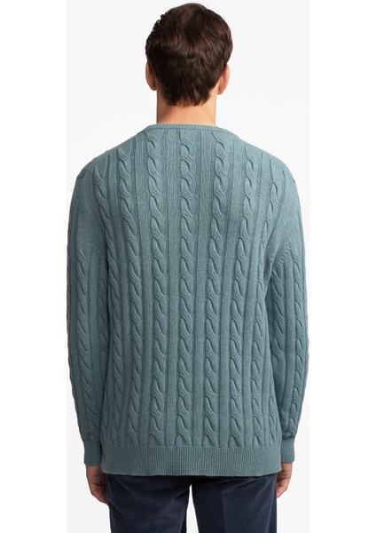 Erkek Turkuaz Yün Kaşmir Karışımlı Saç Örgülü Kazak indirimleri