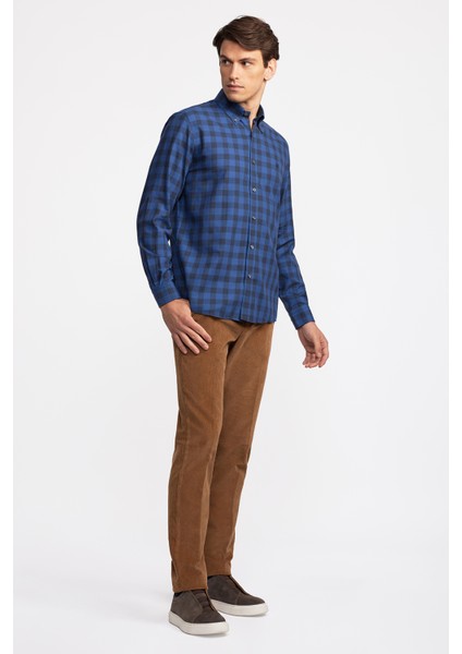 Erkek Mavi Cooper Fit Düğmeli Yaka Ekoseli Spor Gömlek modelleri