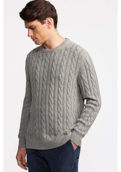 Erkek Gri Melanj Yün Kaşmir Karışımlı Saç Örgülü Kazak fırsatları