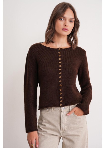 6957 Kadın Düğmeli Bisiklet Yaka Triko Hırka Kahve