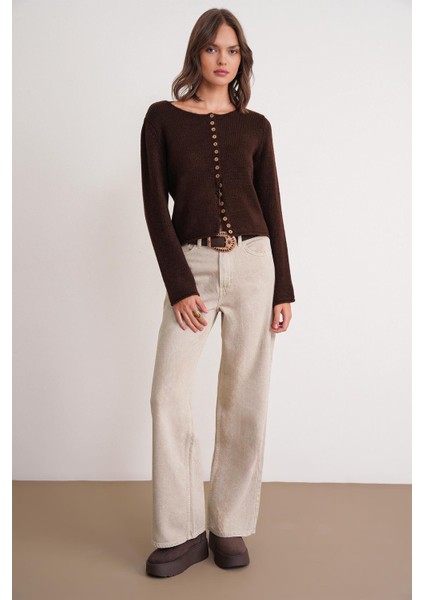 6957 Kadın Düğmeli Bisiklet Yaka Triko Hırka Kahve fiyatları