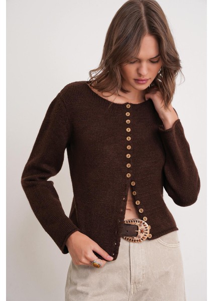 6957 Kadın Düğmeli Bisiklet Yaka Triko Hırka Kahve modelleri