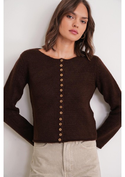 6957 Kadın Düğmeli Bisiklet Yaka Triko Hırka Kahve fırsatları