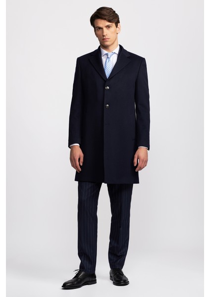 Erkek Lacivert Loro Piana Kumaşıyla Üretilmiş Mono Yaka Yün Palto modelleri