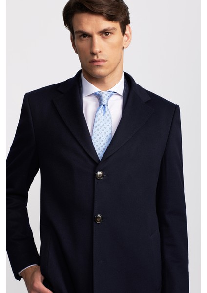 Erkek Lacivert Loro Piana Kumaşıyla Üretilmiş Mono Yaka Yün Palto fırsatları