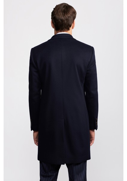 Erkek Lacivert Loro Piana Kumaşıyla Üretilmiş Mono Yaka Yün Palto indirimleri