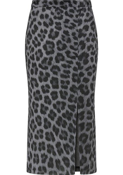 4615 Kadın Yırtmaçlı Leopar Desen Kalem Etek Antrasit