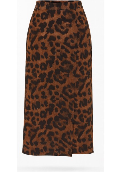 4615 Kadın Yırtmaçlı Leopar Desen Kalem Etek Kahve