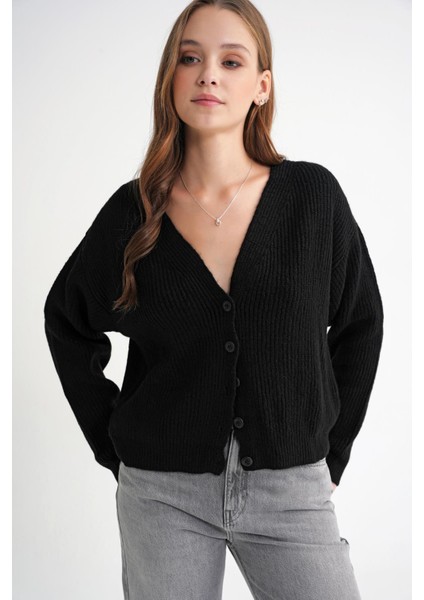 6943 Kadın V Yaka Selanik Hırka Siyah